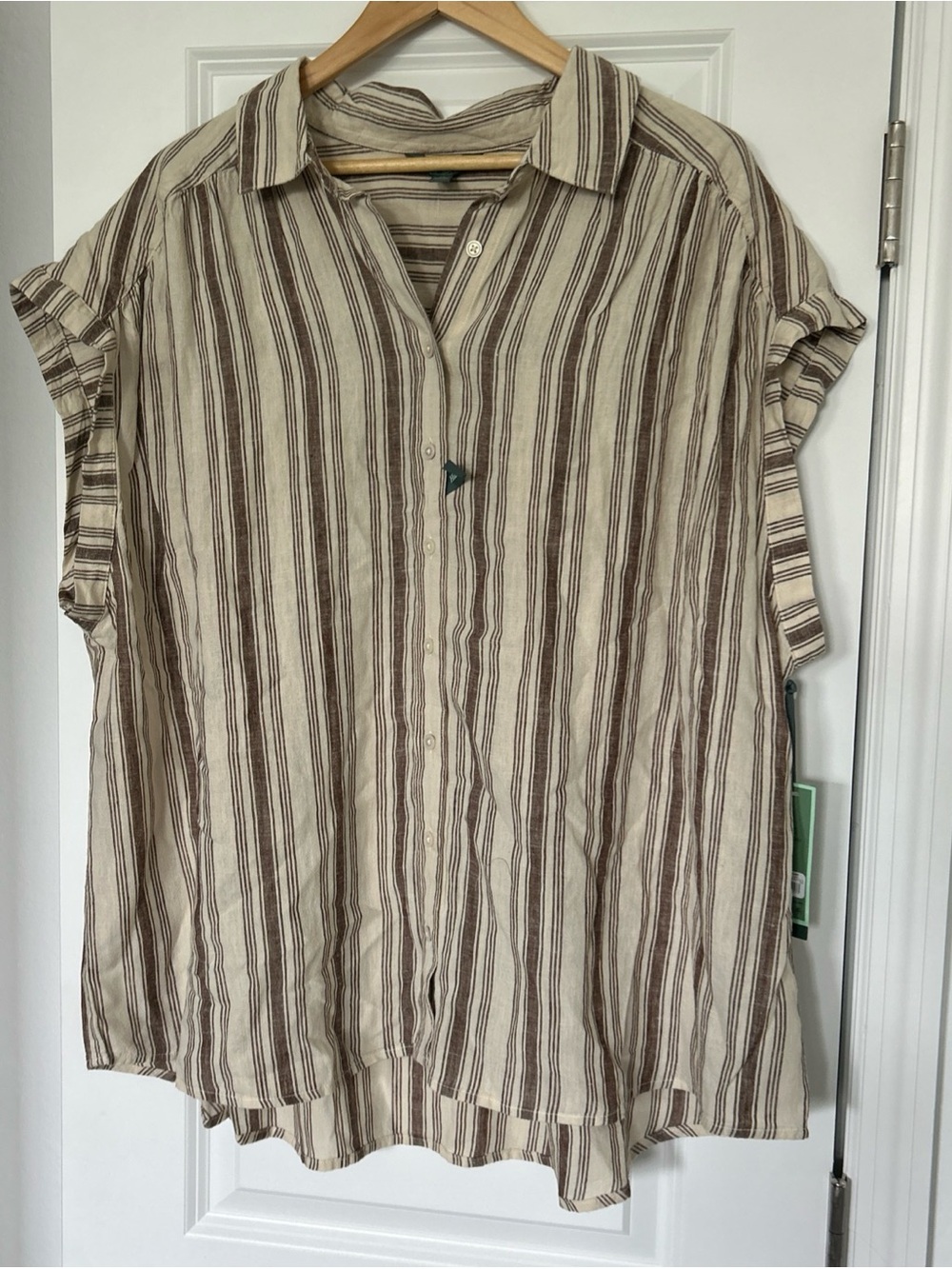 Terra & Sky Women's Plus Linen Blend Camp Shirt, Size 2X Fudge Brownie Stripes